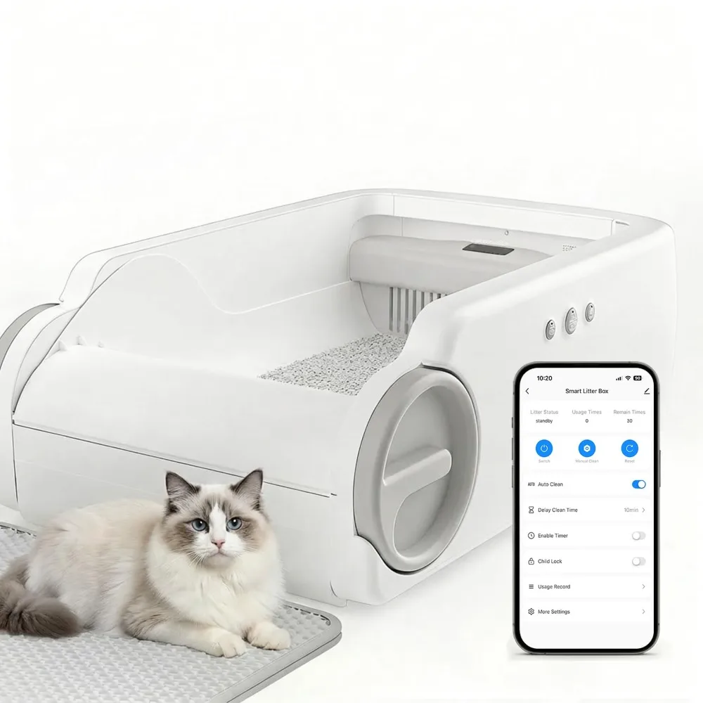 

Open Top Electric Self Cleaning Cat Litter Box Smart APP Control Multi Cat Household 60L Capacity, Custom