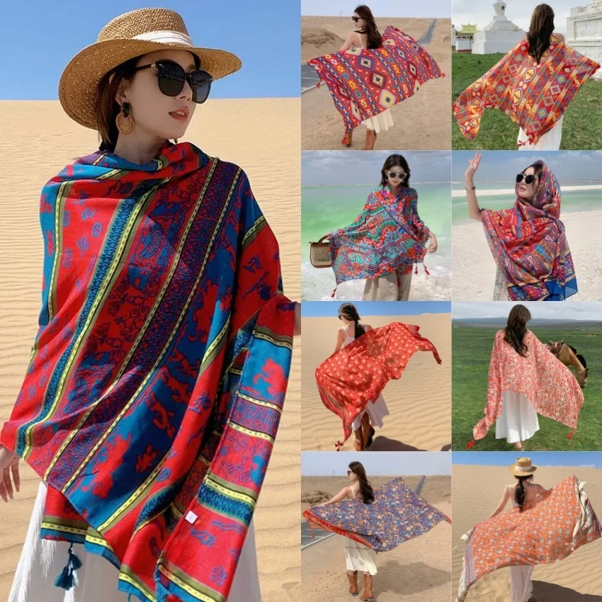 Holiday Sunscreen Ethnic Print Scarf For Women Long Wraps Shawls OverSize Brazilian Swimsuit Bathing Cover-ups Towel Beach Wear