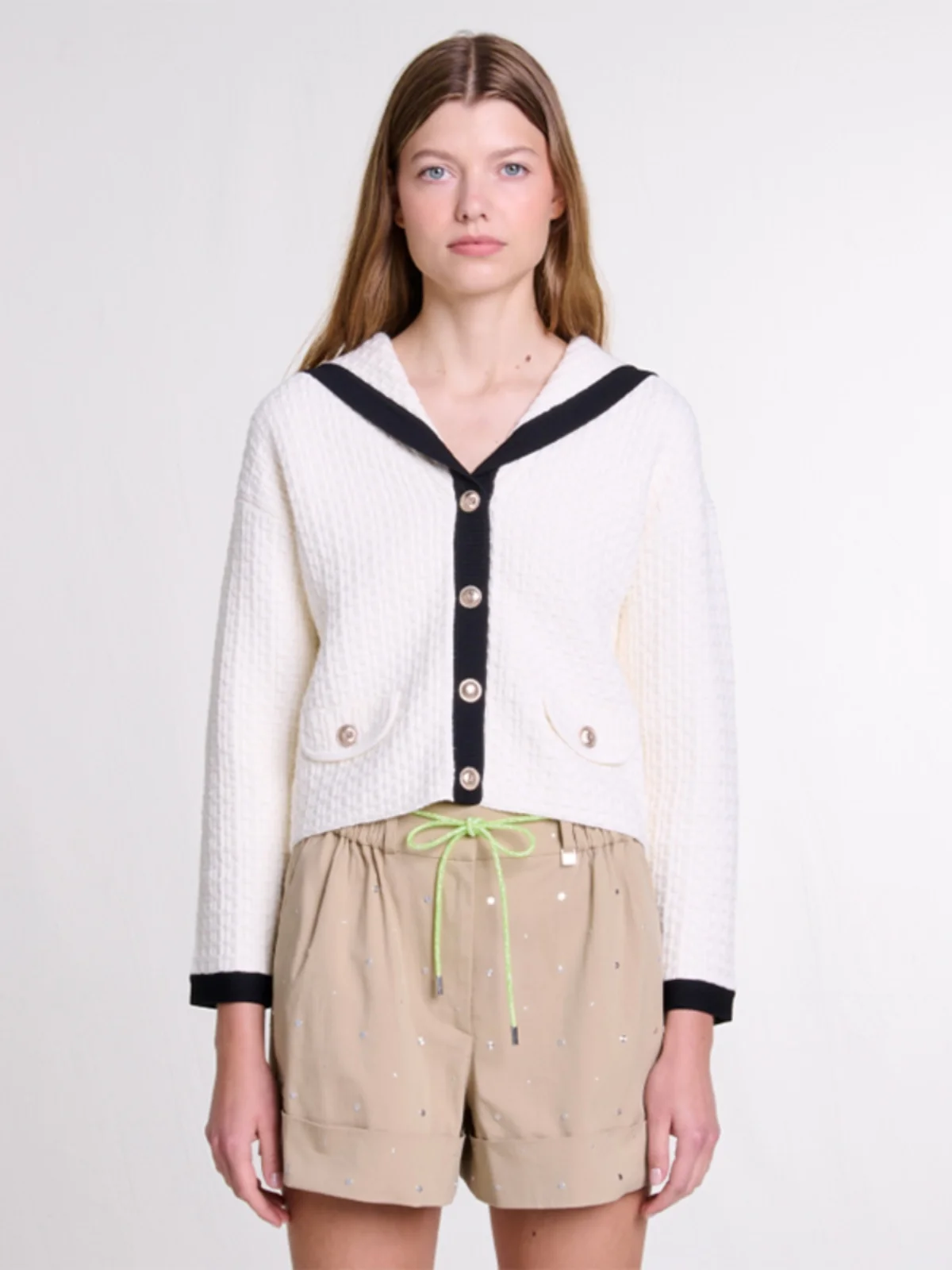 

Новый женский вязаный кардиган MaSandeM для осени и зимы, в стиле колледж, с цветными блоками, черно-белый, милый, с длинными рукавами