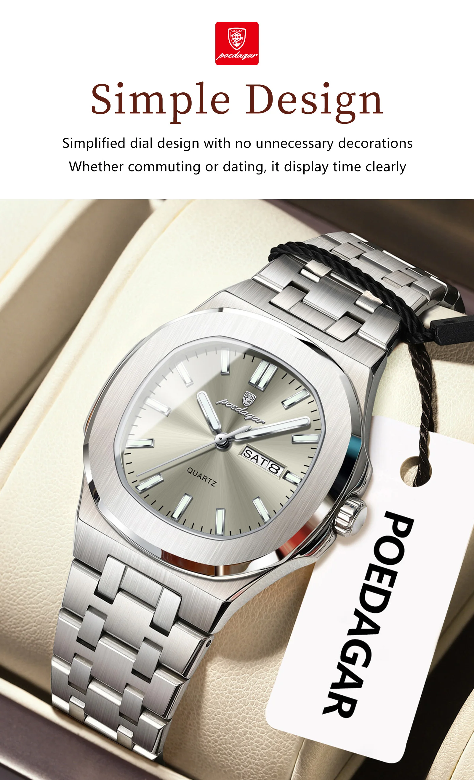 POEDAGAR Quadratische Damenuhr Datum Woche Wasserdicht Leuchtende Damenuhr Edelstahl Quarz Mode Damenuhren Reloj Geschenk – Detail 4