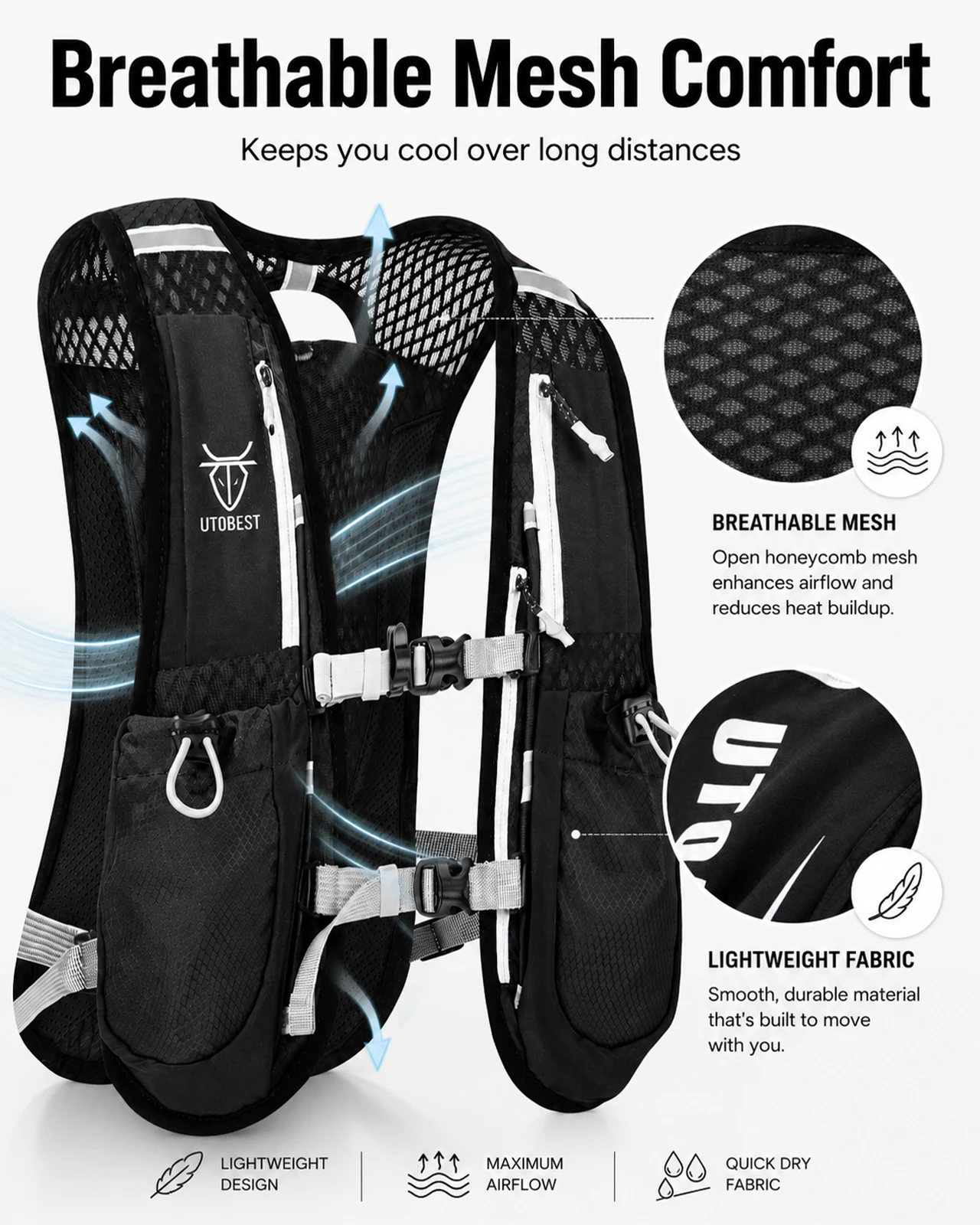 UTOBEST Trail Running Backpack 5L Ultra Lightweight Hydration Vest Breathable Functional Pack for Marathon Cycling Hiking