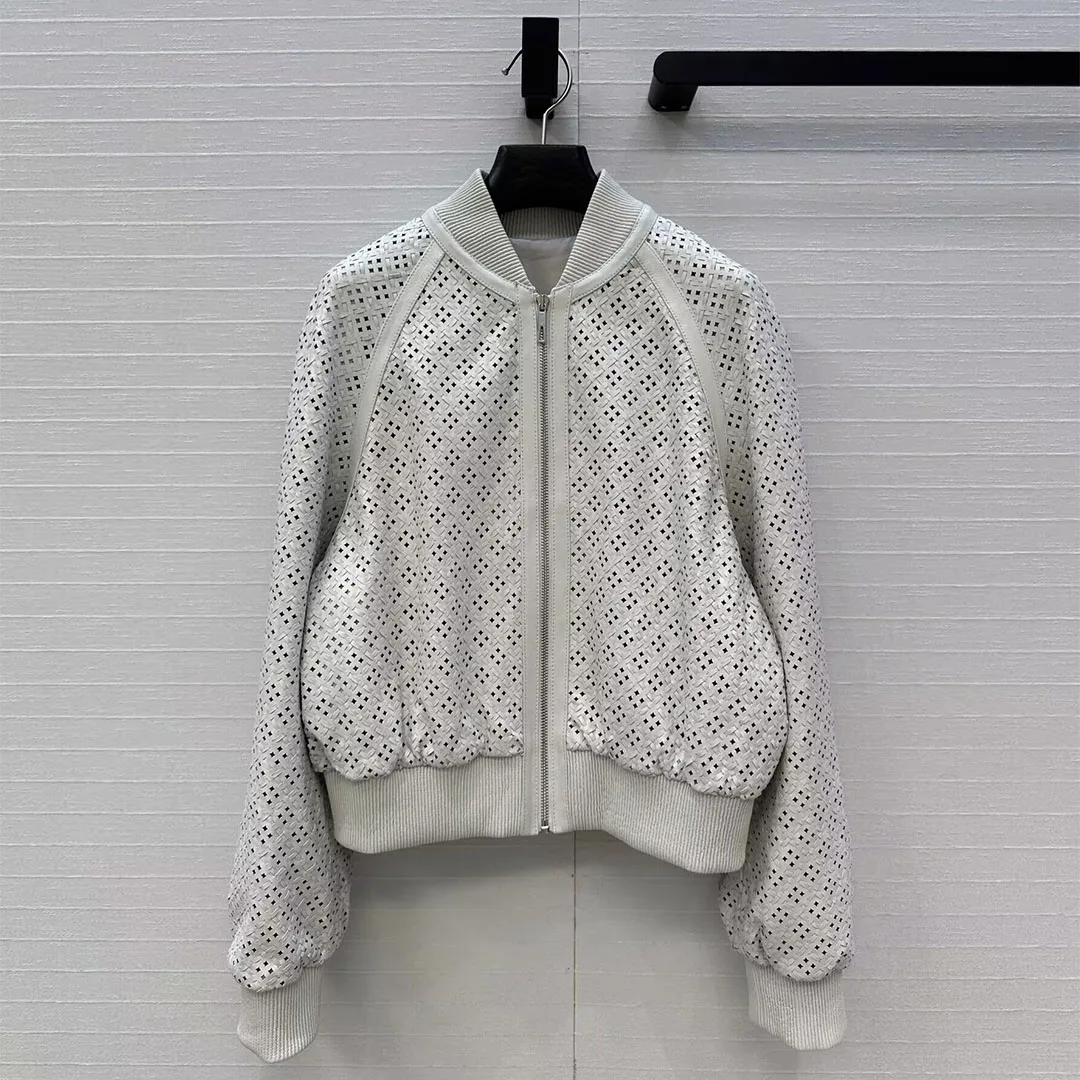 New Fashion Vintage Weave Hollow Out 100% Sheepskin Jacket Women Crew Neck Long Sleeve Zipper Genuine Leather Designer Coat