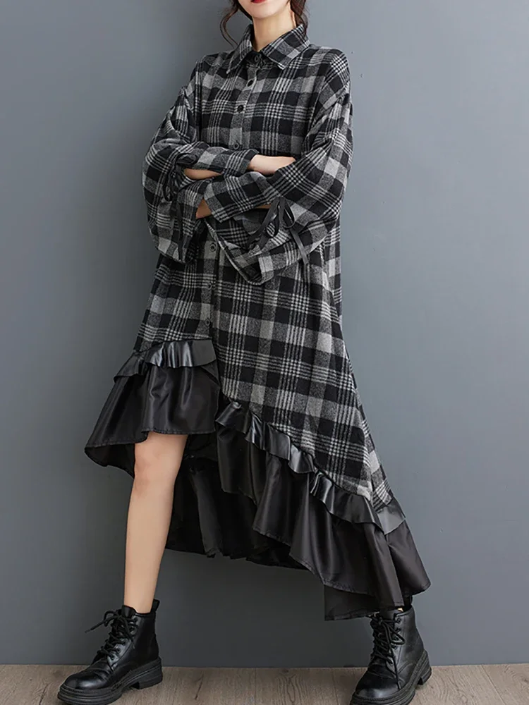 XITAO-Robe à carreaux à manches évasées, robe à simple boutonnage, col rabattu, patchwork, chemise à la mode, automne 2024, LJ1010