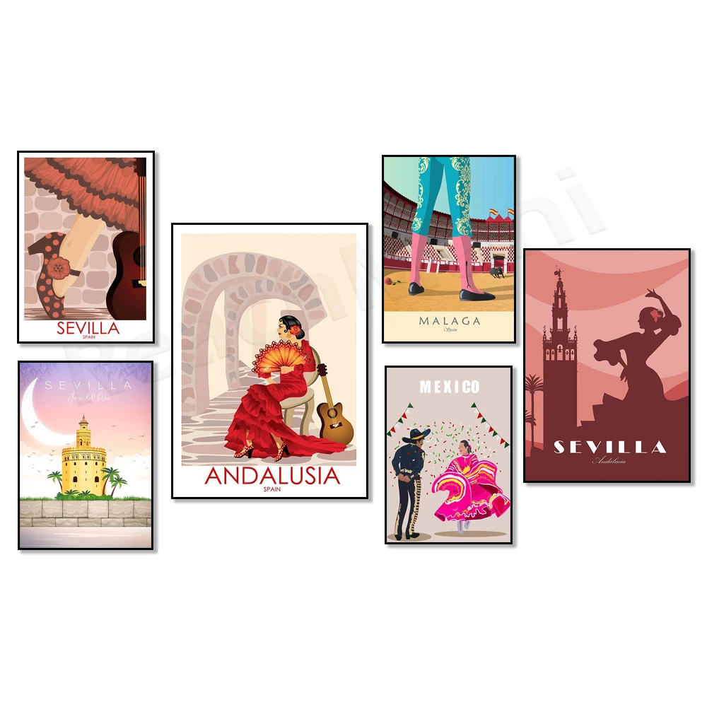 Sevilla, estampado Andalucía, arte flamenco, Andalucía. España, danza folclórica mexicana, cartel de paisaje de viaje de Malaga España