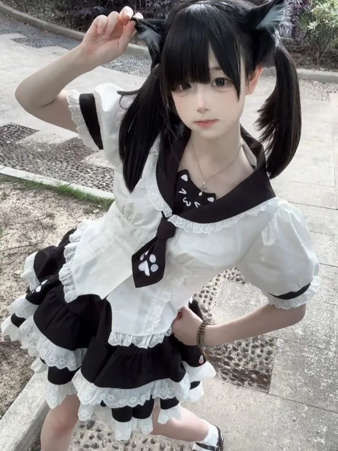 

Cute Print Bubble Sleeve Uniform Top with Fluffy Skirt Color Block Fashion Set Short Sleeve Turn-down Collar Button Closure