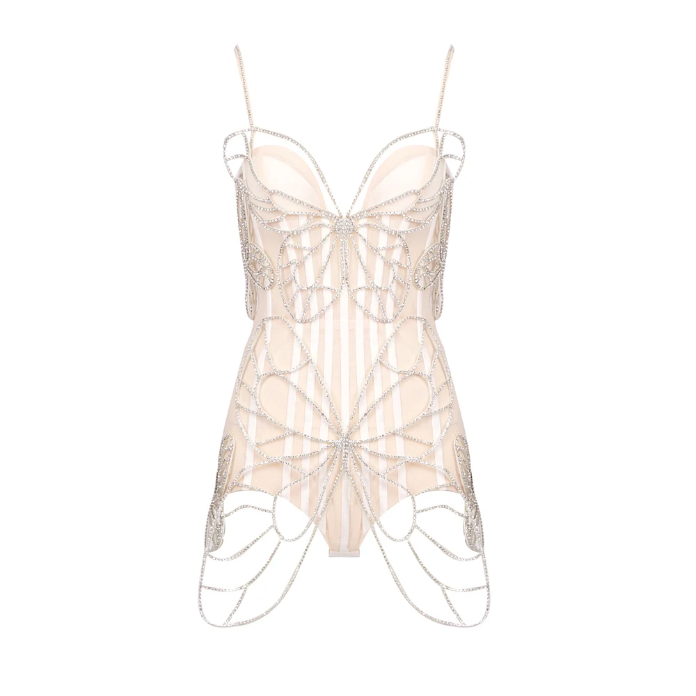 Body para mujer, bonito diseño de mariposa y cristal, malla Beige de retales, transpirable, ropa femenina de una pieza puesta en escena