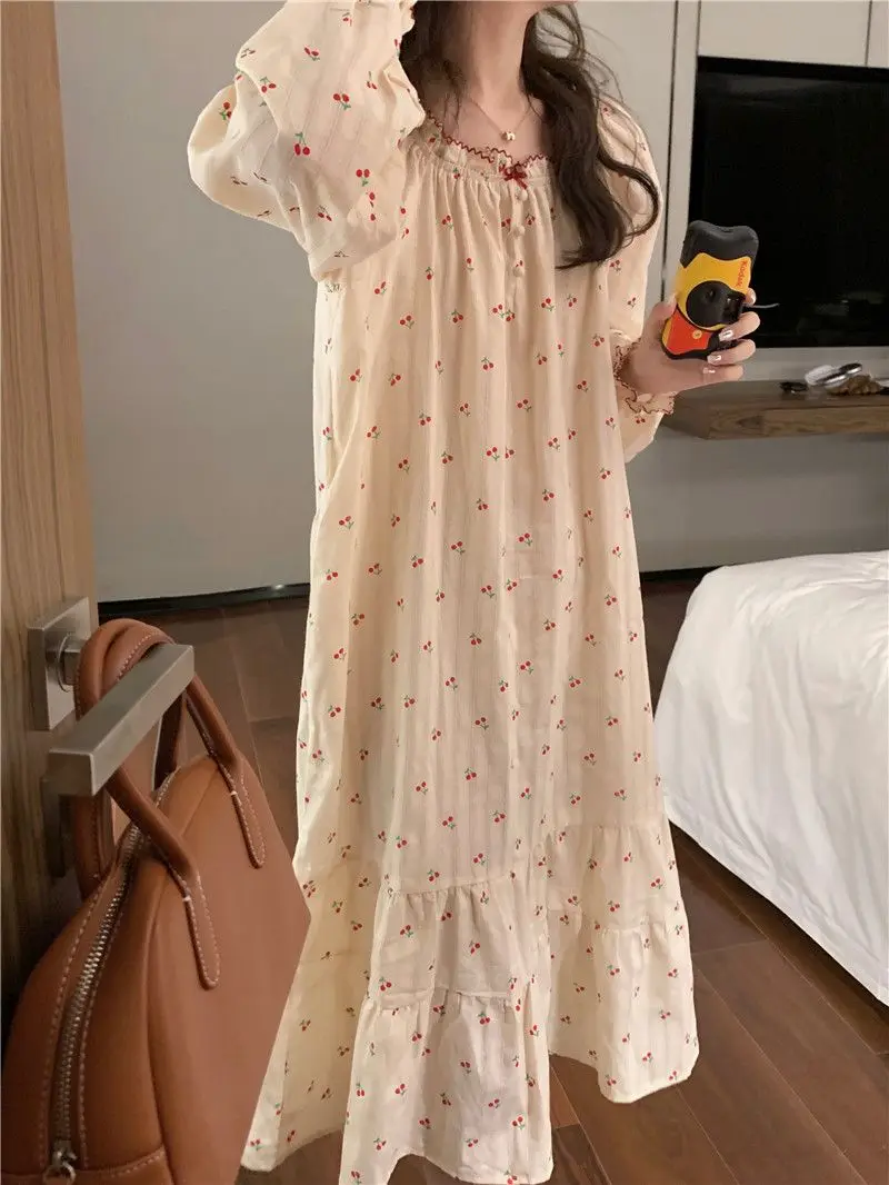 

Nightgown for Women's Spring Autumn New Korean Style Cute Little Cherry Long-sleeved Dress Home Clothes Sexy Tоy Girl Pajama Hot