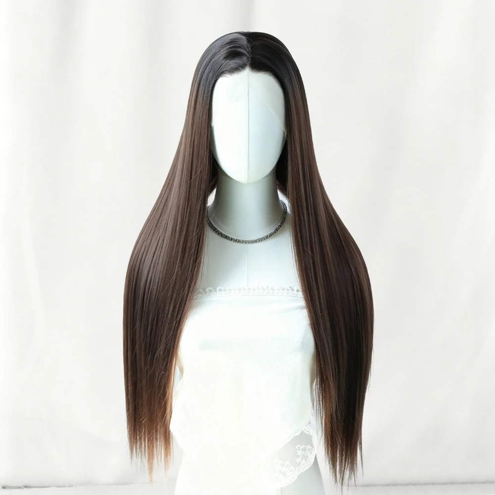 Rooted Lace Front Wig Synthetic Brown Hair with Deep Part Design, Glueless Ready-to-Wear Wig Featuring Dark Roots to Light Brown Ombre, Deep Top Fiber for a Natural Look