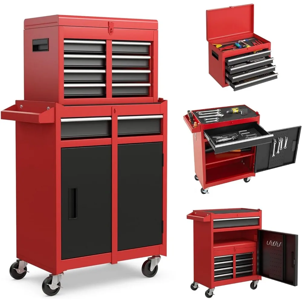 خزانة أدوات، خزانة تخزين أدوات دوارة مكونة من 5 أدراج مع صندوق أدوات علوي قابل للفصل، بطانة، عجلات عالمية قابلة للقفل، ميكانيكي قفل #4