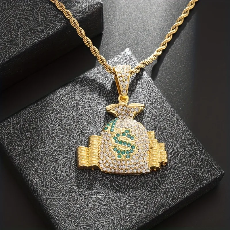 Hip Hop Punk Money Bag Pendant Necklace With Rope Chain Bling Cubic Zircon Necklace Cool Men's Rock Biker Jewelry Gift