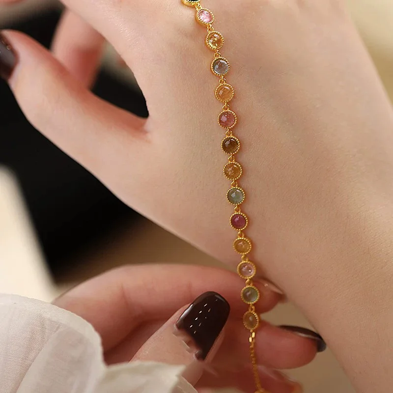 Colorful Facet Crystal Stone Bracelet Women Retro Versatile Light Luxury Hand Jewelry Copper