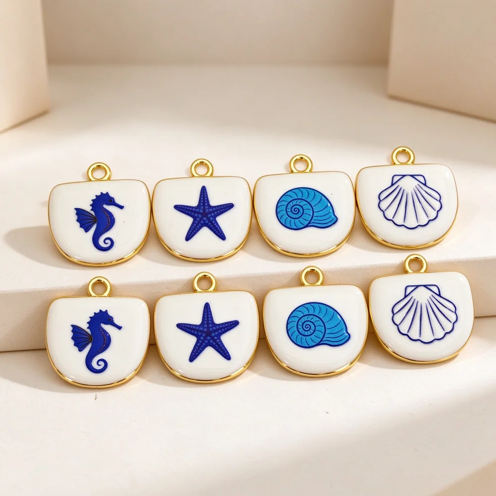 4 Pcs Pendants Brass Enamel Ocean Series Seahorse Starfish Shell Conch Pattern Charms for DIY Jewelry Necklace Bracelet Making