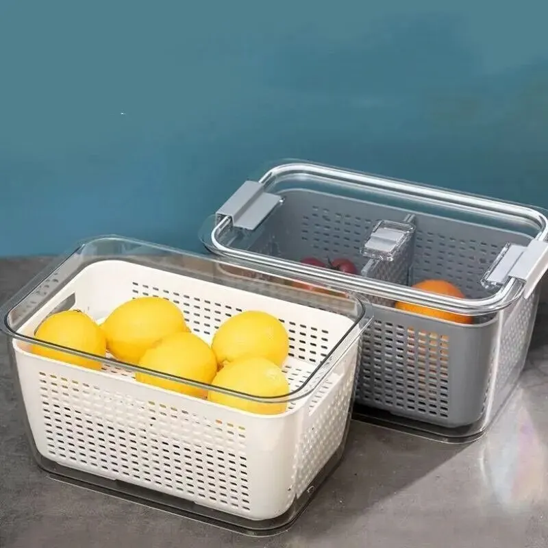 1pc Refrigerator Crisper Drain Basket Kitchen Vegetable Washing Basket with Filtered Water Double Layer Drain Basket