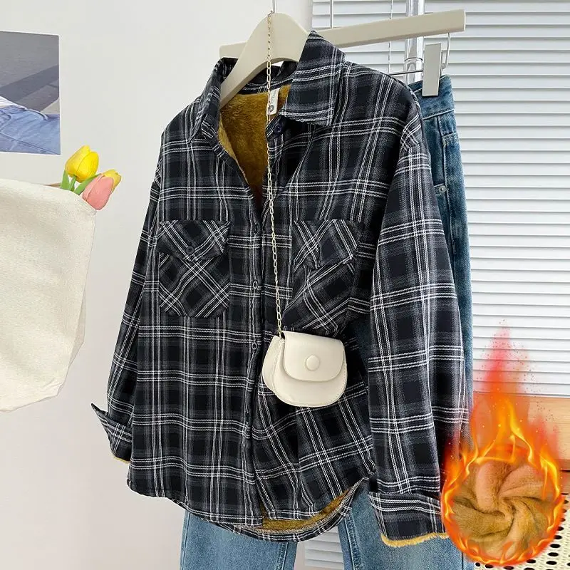 Women Plaid Fleece Lined Shirt Thickened Loose Casual Long Sleeve Shirt Jacket Autumn Winter