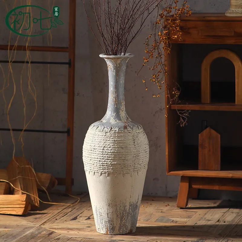 Wabi Sansan Retro Nostalgic Large Coarse Pottery Vase Floor Standing Dried Flower Arrangement Home Decor Ornament with Aged