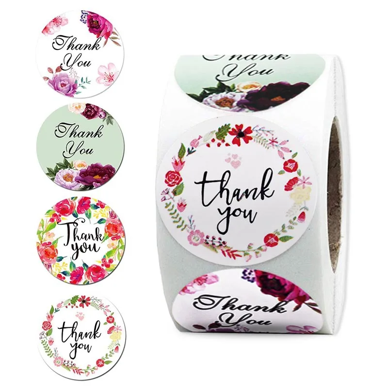 500PCS Floral Thank You Sealing Stickers Roll, Self Adhesive Labels for Envelope Decor, Gift Box & Handcraft Packaging