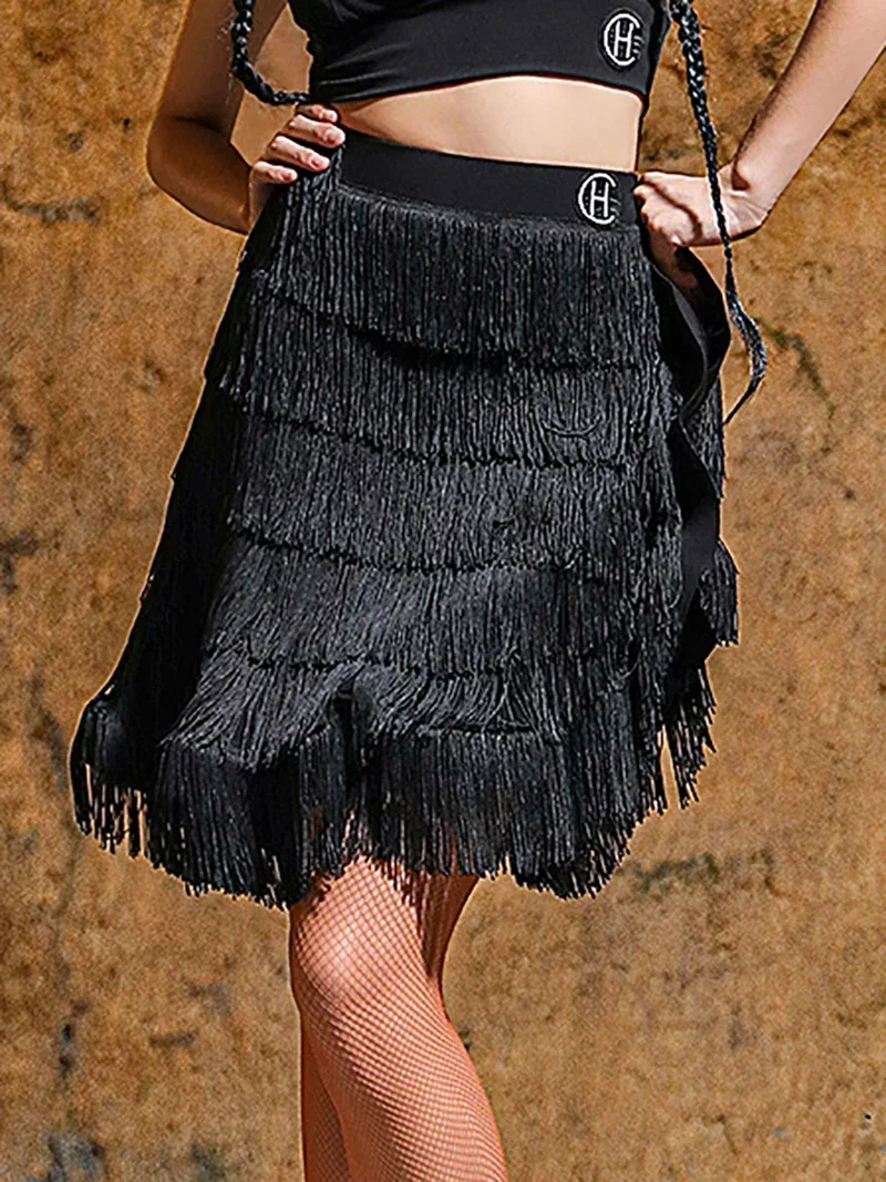 Nappe di crittografia multistrato nere da donna Gonna da ballo latino Sala da ballo Rumba Samba Dancewear Training Cha Cha Performance Costume
