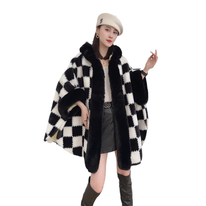 Women Black White Plaid Faux Otter Fur Collar Sweater Jacket Knitted Cardigan Hooded Top Cape WindbreakerWinter Coats Autumn