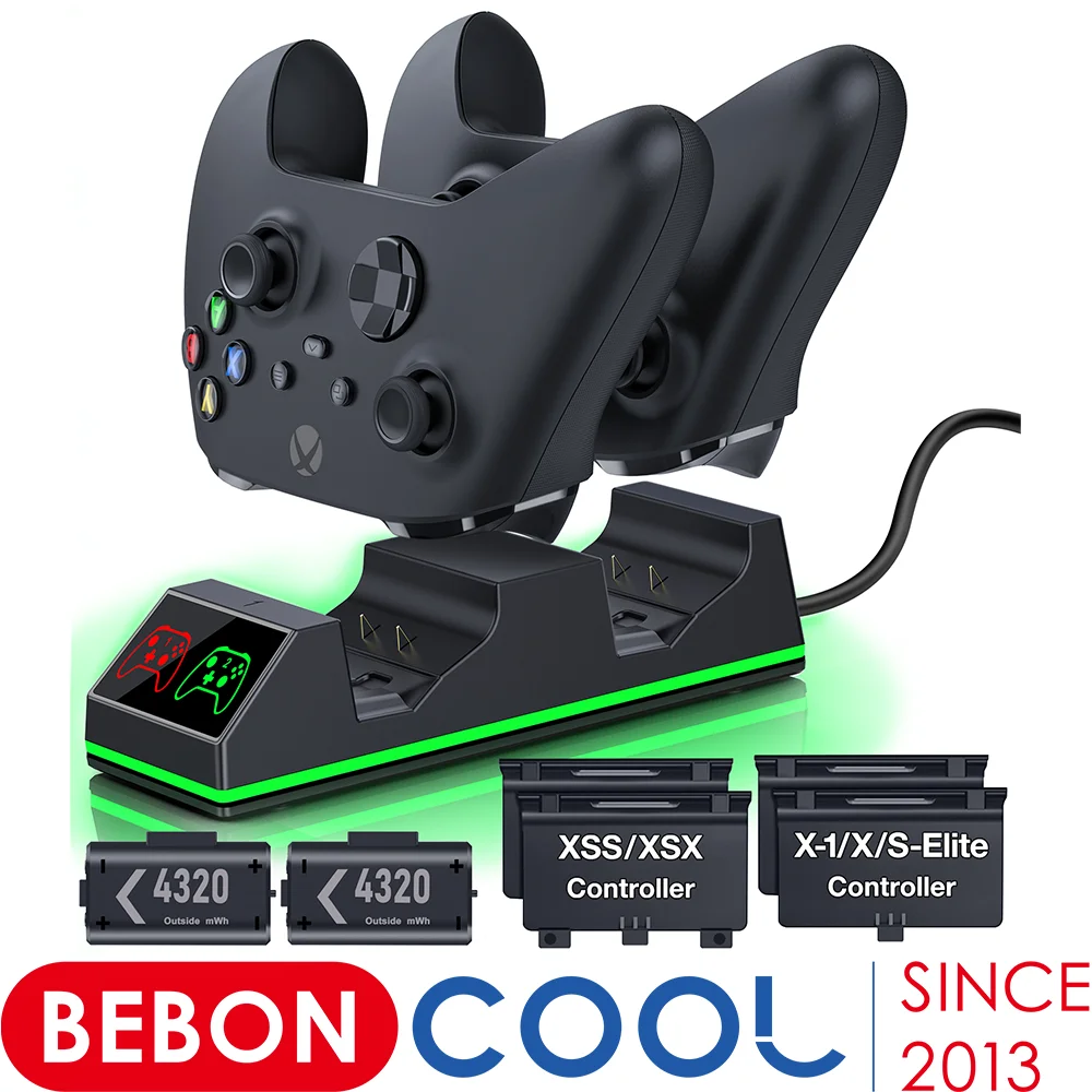 BEBONCOOL Dual Fast Charger For Xbox One X/S/Elite Xbox Series X/S Controller 2X4320mWh Rechargeable Battery Pack For XBOX