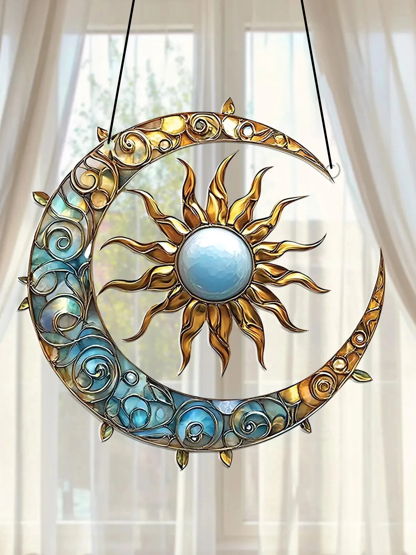 Boho Acrylic Crescent Moon and Sun Hanging Ornament with Leaves Vines Design Solar Lunar Suncatcher Window Hanging Decor Pendant