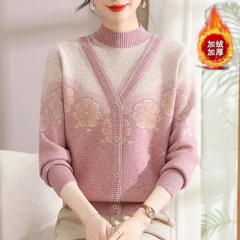 Pulls à fleurs épissés pour femmes, pulls décontractés, col mi-haut, manches longues, pulls avec diamants, vêtements à la mode, automne et hiver, nouveau