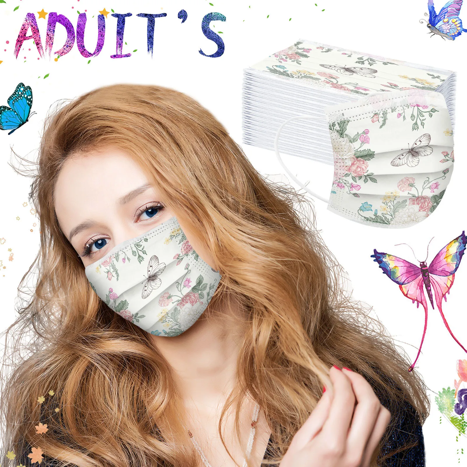 Floral Print Mask Adult Butterfl Pattern Face Mask Breathable Disposable Protection Cover For Women Disposable Adult Mask T1