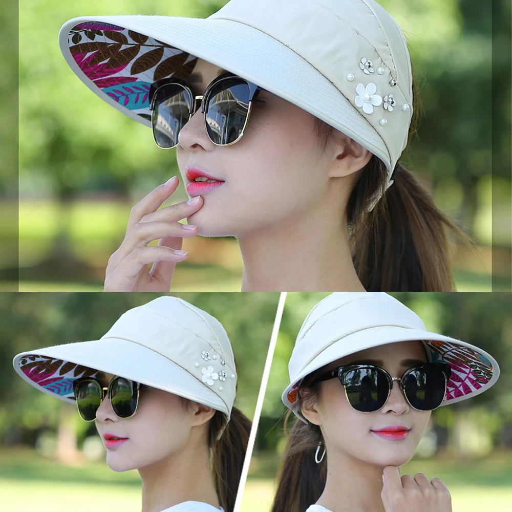 قبعة شمس للنساء بحافة واسعة قابلة للطي للحماية من الأشعة فوق البنفسجية، قبعة شاطئ صيفية عصرية قابلة للتعبئة في الهواء الطلق، قبعات علوية فارغة #2