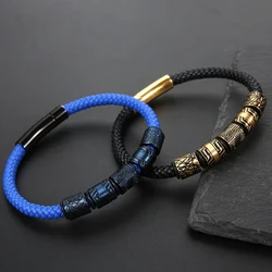 Luxury Men Cuff Bracelet Jewelry Stainless Steel Genuine Leather Bracelet Clasp Bangles