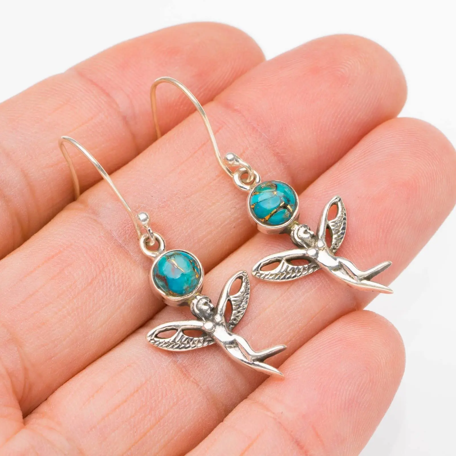 StarGems® Natural Copper Turquoise Fariy Handmade 925 Sterling Silver Earrings 1.75