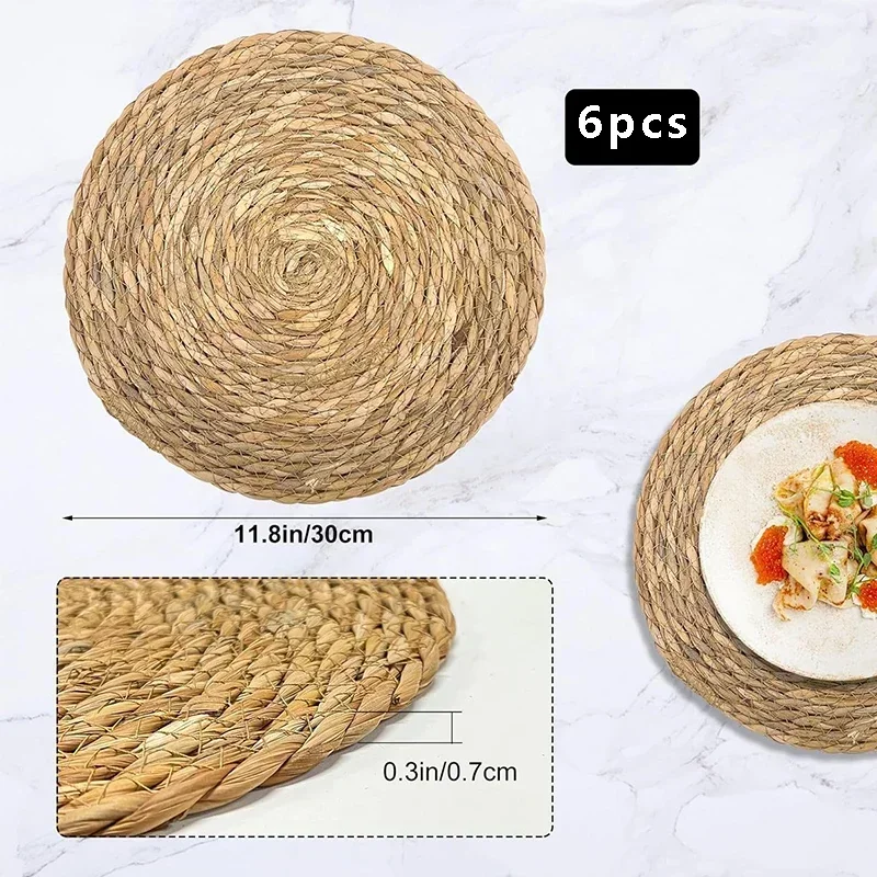 Round Woven Placemats 6pcs Handmade Natural Wicker Placemats for Holiday Wedding Home Non-Slip Heat Resistant Plate Mats