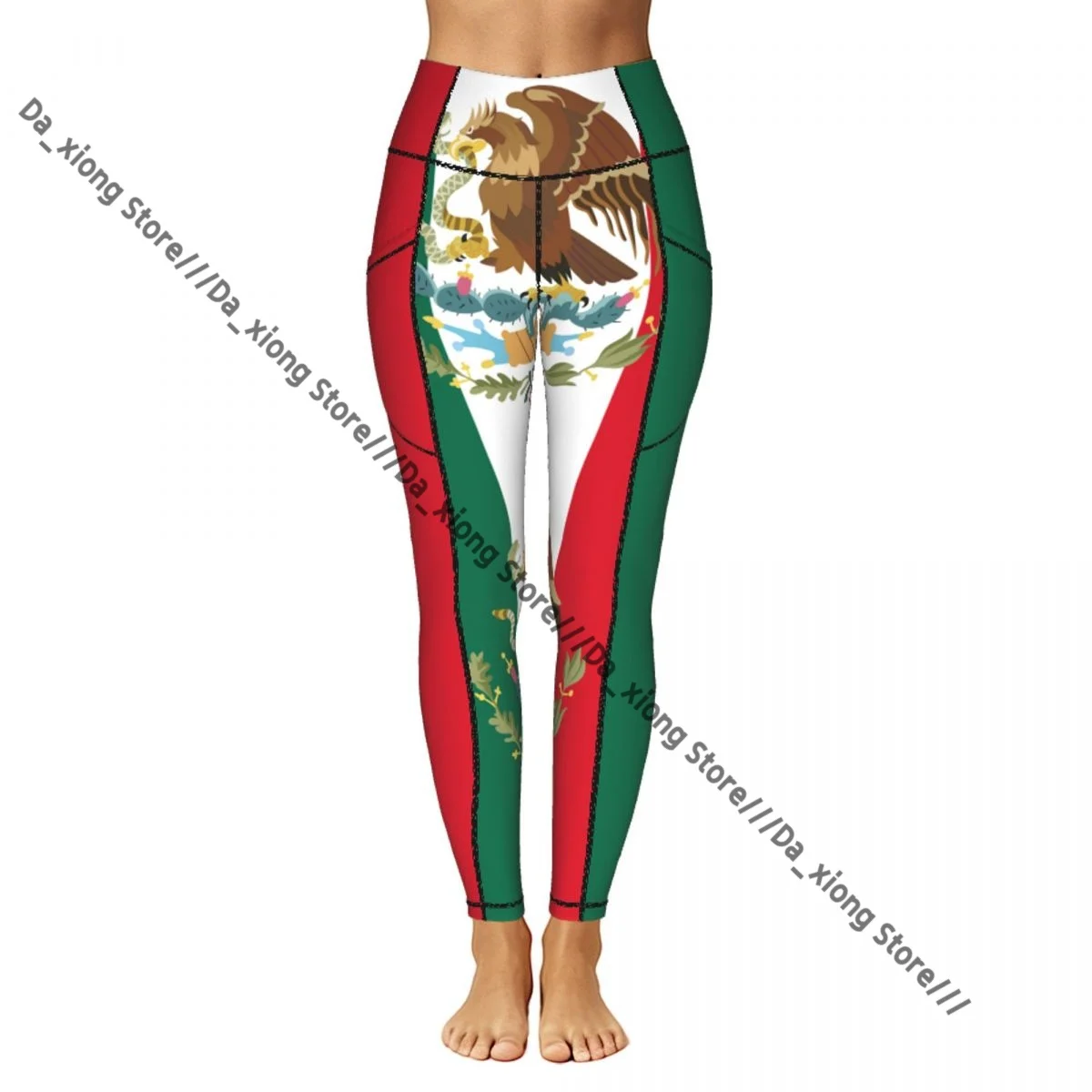 Women Slim Fit Yoga Pants With Pockets Mexican Flag Background Hip Lifting Sports Fitness Pants