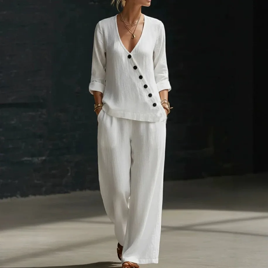 2 Piece Set Blouse V Neck 3/4 Sleeve Blouses Summer Women's Suit Light Blue Top Asymmetrical Wrap Wide Leg Pants Shirt Black