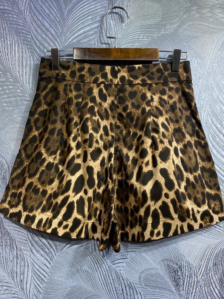 DLDENGHAN Autumn 100% Cotton Shorts Women High Waist Leopard Print Pockets Casual Shorts Fashion Runway New