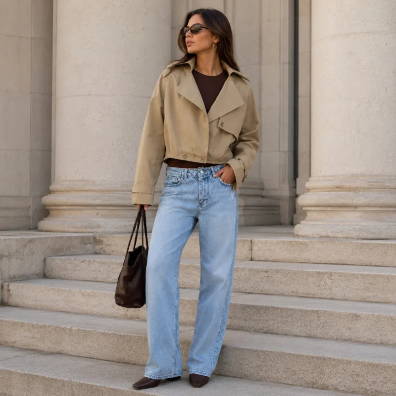 Women Khaki Cropped Trench Coat Loose Fit Lapel Collar Button Long Sleeve Casual Jacket Autumn Streetwear Fashion Outerwear New