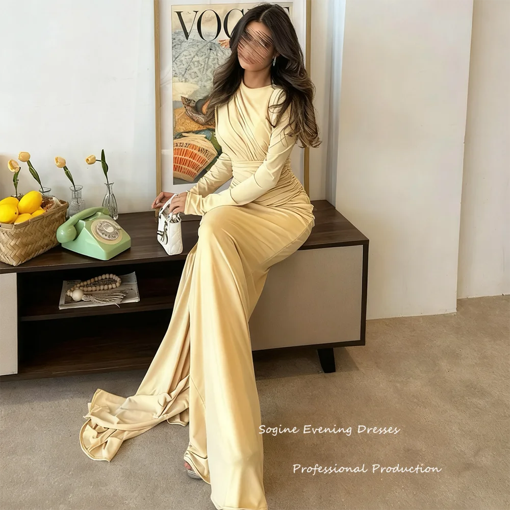 Customized Satin Mermaid Evening Dresses Draped Ruched فساتين سهرة Long Cocktail Long Sleeve O-Neck Party Prom Gowns