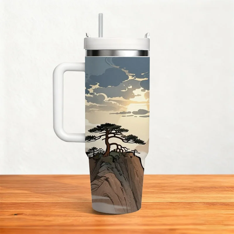 Stainless Steel 40oz Insulated Tumbler, Serene Misty Mountain Landscape Digital Print with Gnarled Pine Tree & Dramatic Sunlit Clouds, Reusable Leakproof Drink Cup for Daily Commute, Office & Outdoor Use
