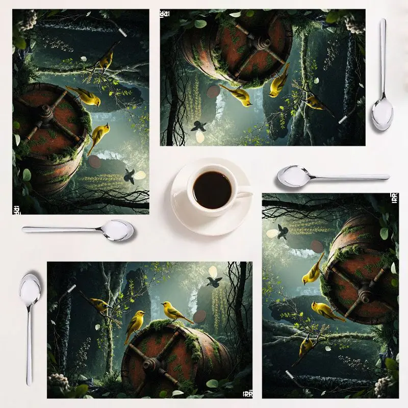 طقم مفرش طاولة مكون من 4 قطع، تصميم مستطيل، موضوع غابة ريفي، سهل التنظيف، مثالي للديكور المنزلي والموسمي.