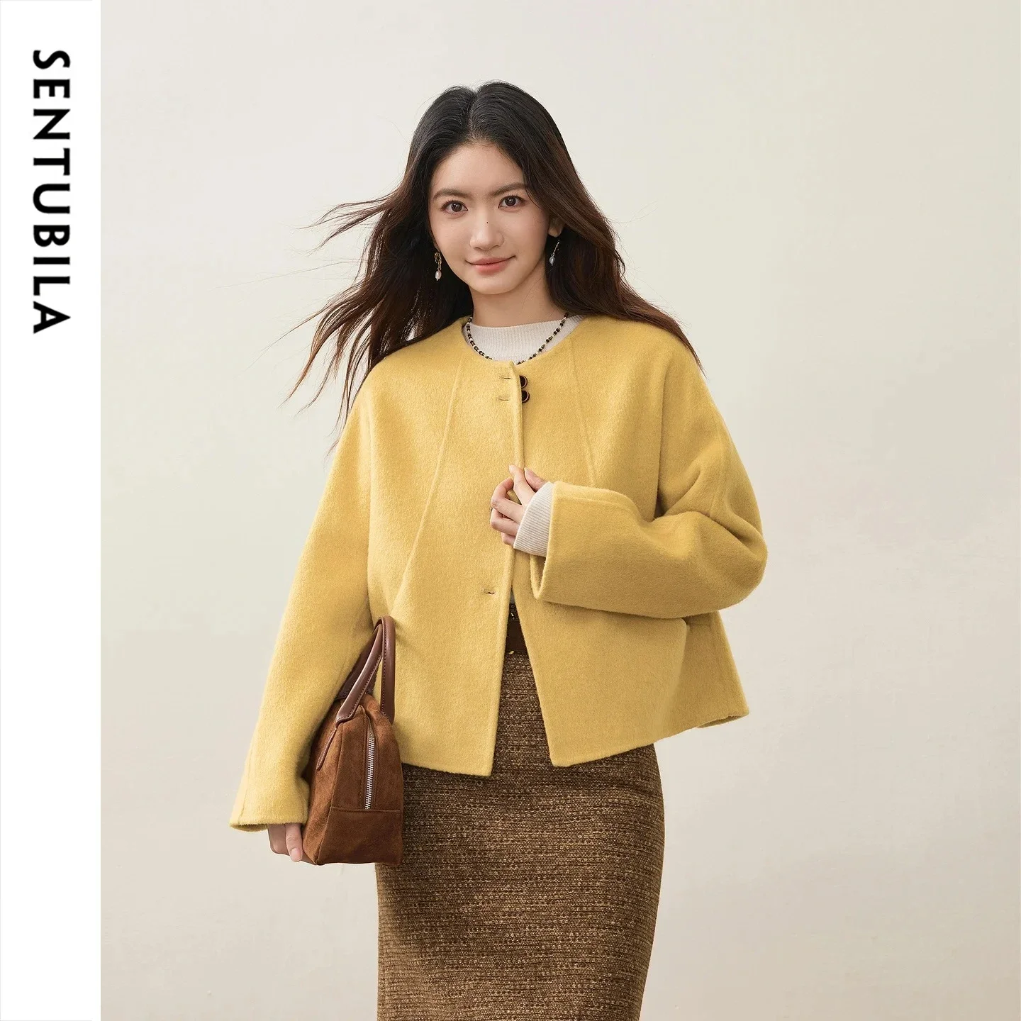 SENTUBILA Women Alpaca Blend Double Faced Woolen Coat Crew Neck Loose Drop Shoulder Winter Elegant Commuter Overcoat W64OG7676