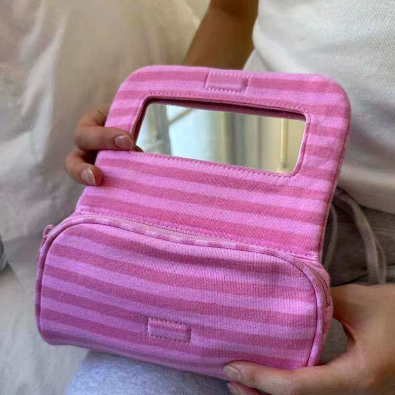 Modische Rosa Gestreifte Kosmetiktasche mit Spiegel, Damen Polka Dot Make-up-Tasche, Tragbare Reise-Lippenstift-Toilettentasche – Detail 16