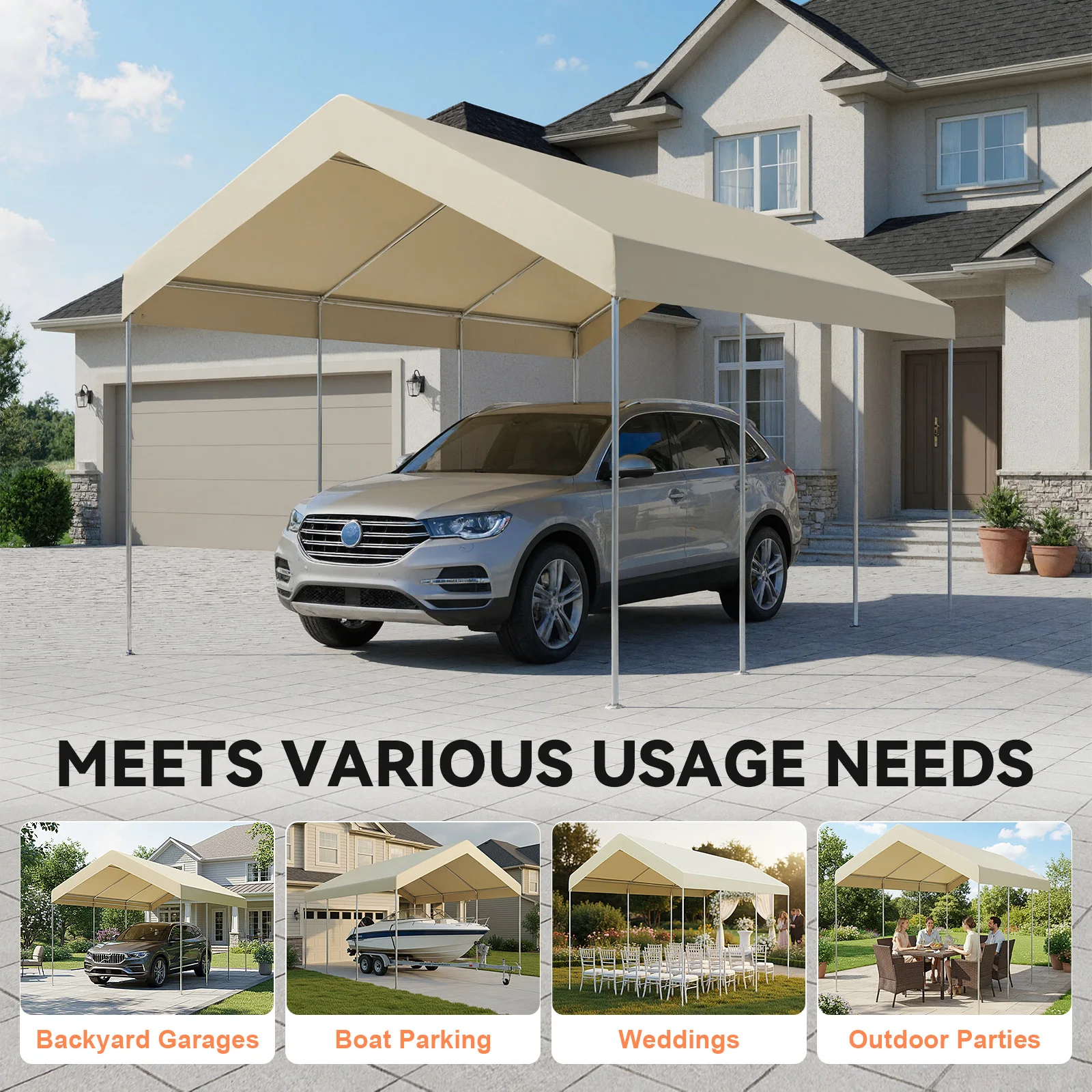 Carport Ersatz-Überdachung 3x6M 1800D Oxford Garagenzelt Schwerlast-Wasserdicht & UV-geschützt Nur Oberabdeckung – Detail 2