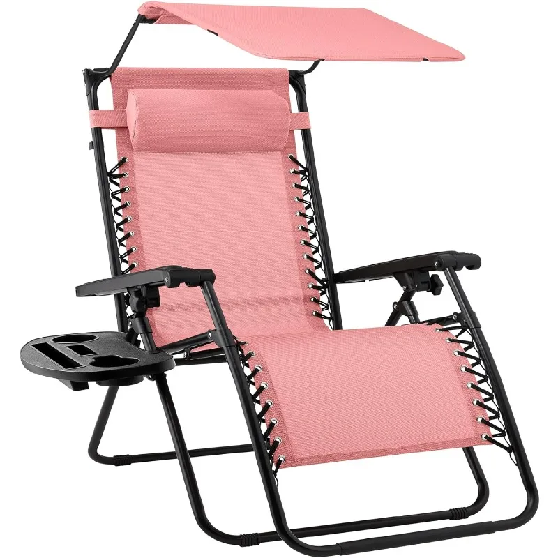 

Folding Zero Gravity Outdoor Recliner Patio Lounge Chair w/Adjustable Canopy Shade, Headrest, Side Accessory Tray - Pink