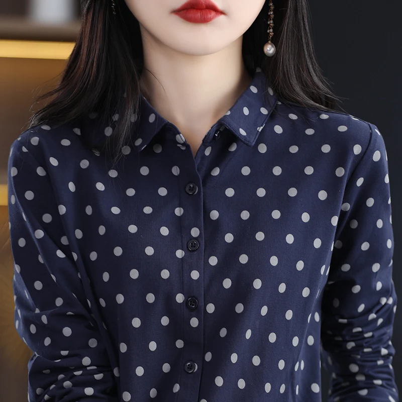 Women\'s New 100% Cotton Soft Sweater Polka-dot Knitted Polo Collar Long Sleeve Cardigan Spring Summer Shirt Ladies\' Blouse Top