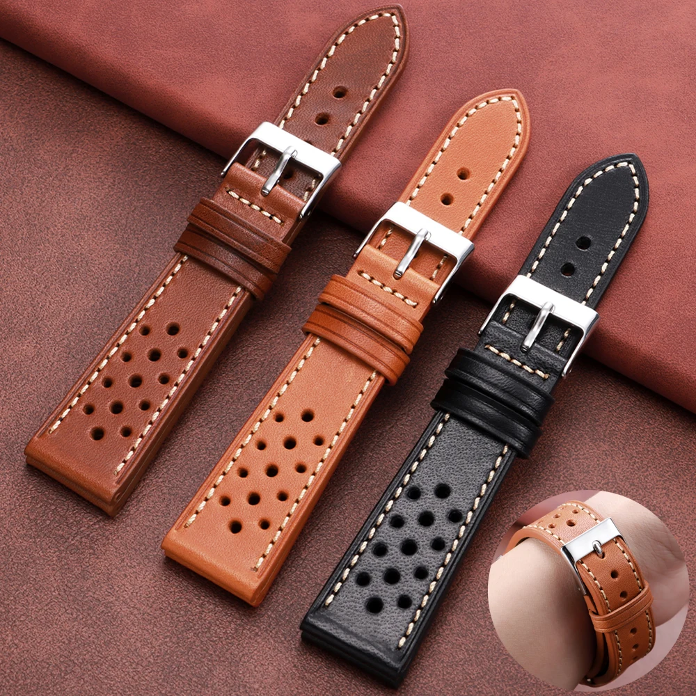 Bracelet en cuir de vache fabriqué à la main 18mm 20mm 22mm bracelet de montre en cuir marron noir Vintage pour bracelet Seiko Premium Bracelets respirants