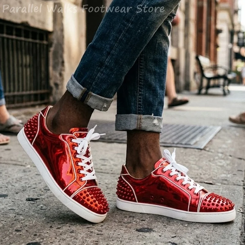 Red Spiked Sneakers Men Metallic Patent Leather Lace Up Shoes Shiny Studded Low Top Casual Flats Party Streetwear Mens Footwears