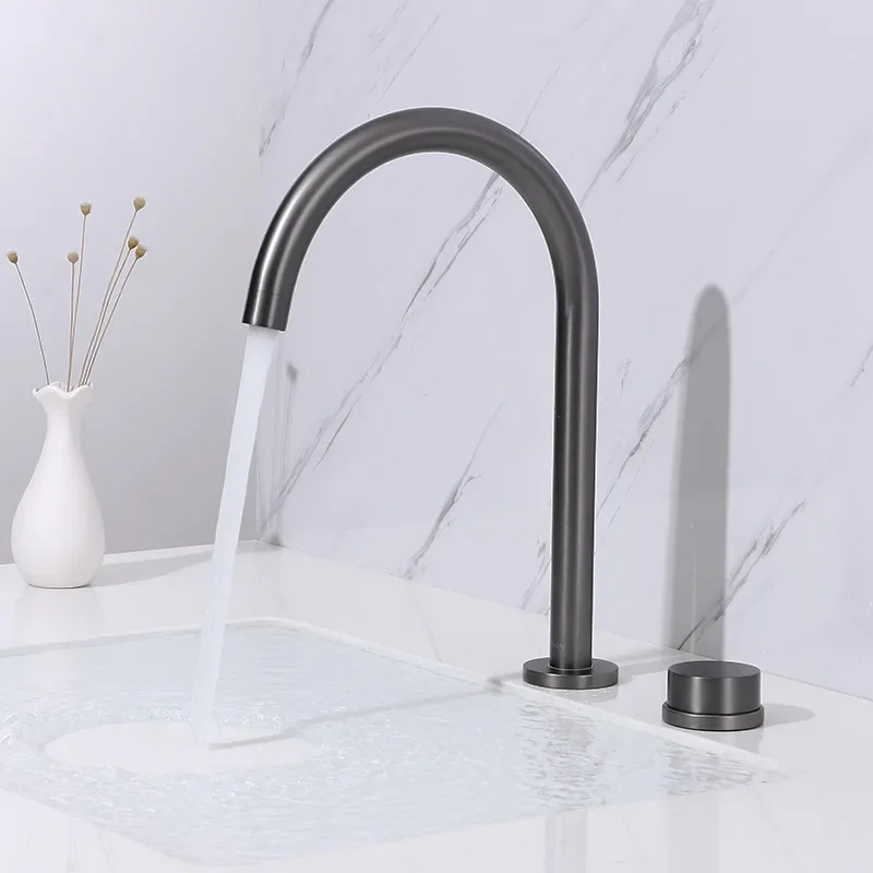 Gray Basin faucet Bathroom two holes Widespread Brushed Gold bathroom faucet sink tap 360 rotating widespread Black basin Tap