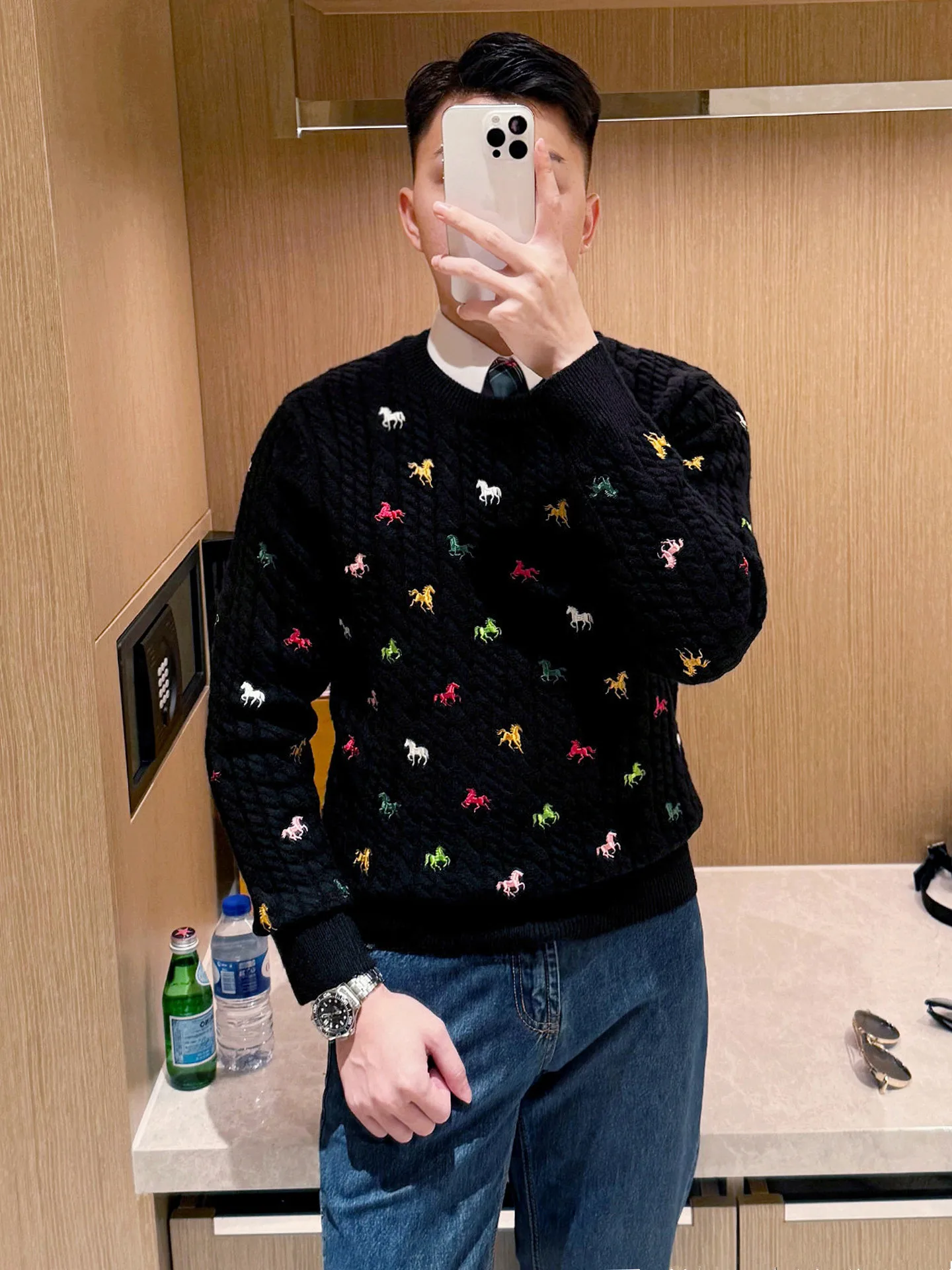 

Ele Embroidered Slim Fit round Ne Knitwear for Men Thiened Retro Twist Busin Sle Bla Sweater for Winter