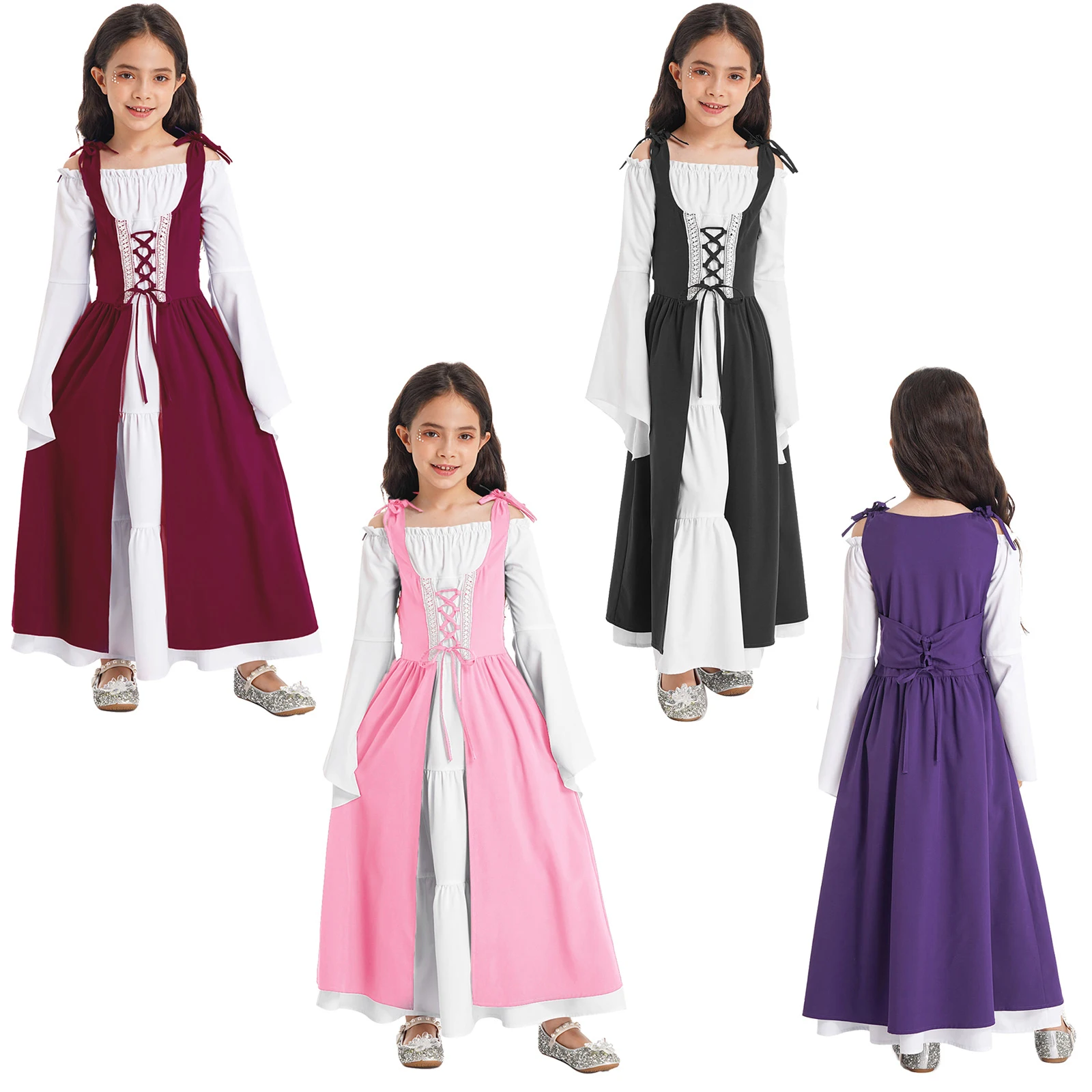 Kids Girls Medieval Renaissance Style Dress Up Costumes Long Flare Sleeve Square Neck Adjustable Lace-up Gown Dress