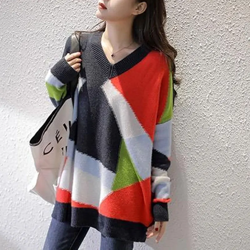 Casual Contrasting Colors Irregular Patchwork Jumpers Korean Loose Autumn Winter Fashion Female Clothing V-Neck Knitted Sweaters