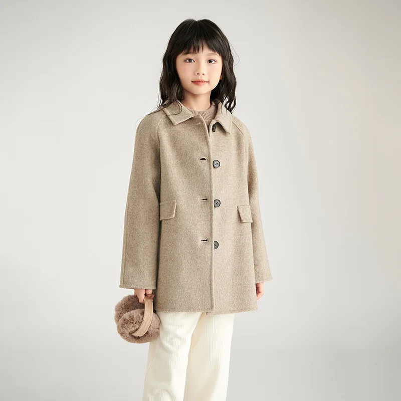 24 Autumn and Winter New Pinch Pleated Korean Style Design Wool Reversible Woolen Coat Girls' Children's Mid-Lengt