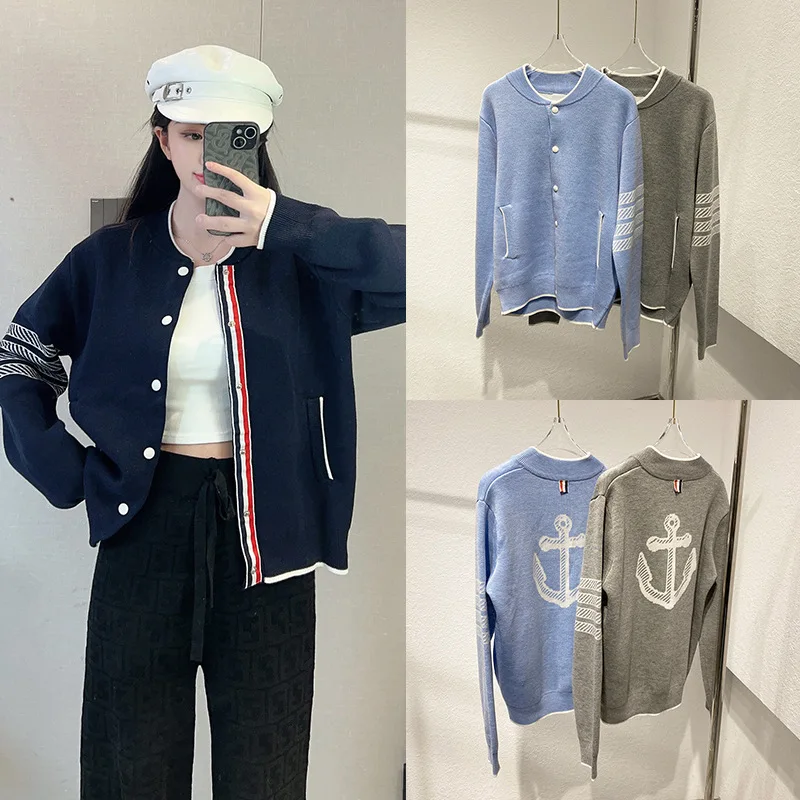 

Boat Anchor Jacquard Women's Sweater Coat Wool Knit Striped Cardigan Female Baseball Uniform Loose Four-bars Jacket Trend